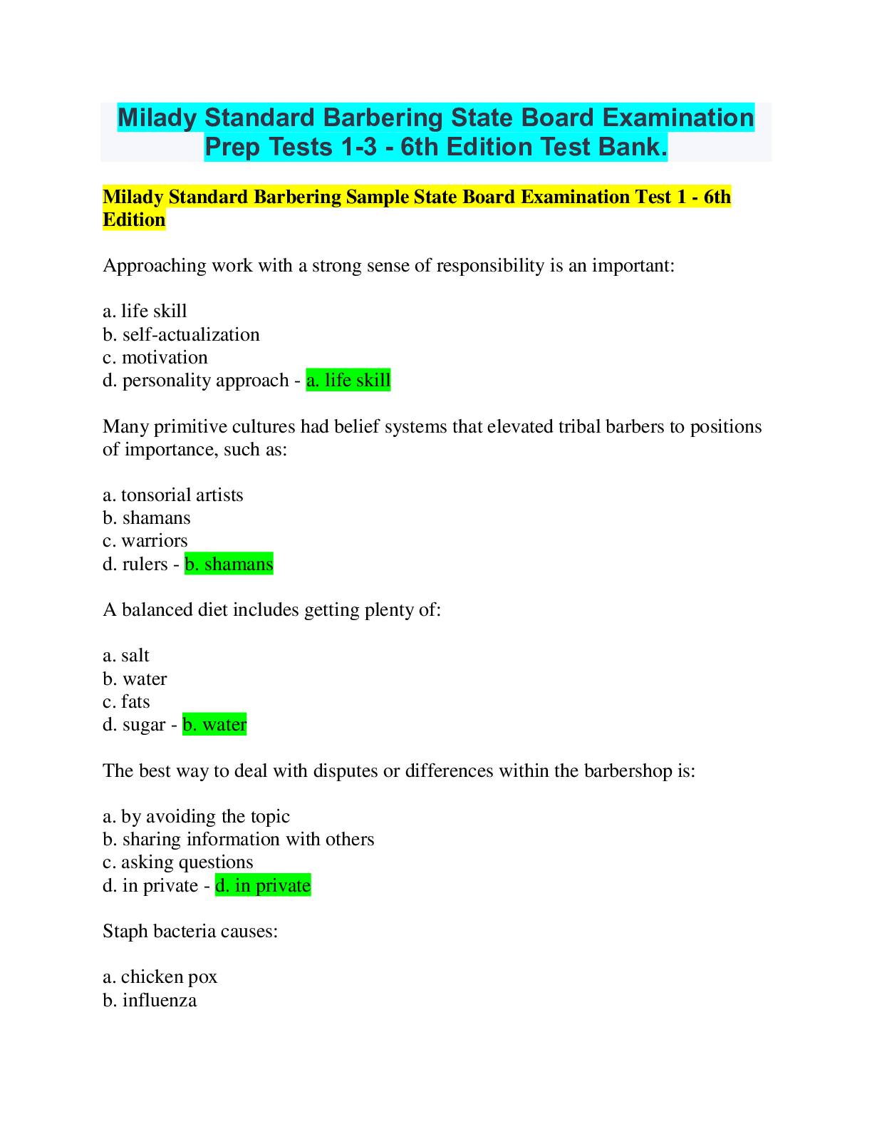 Preview image for Milady Standard Barbering State Board Examination Prep Tests 1-3 - 6th Edition Test Bank> Complete questions & answers(all correct) Best Distinction level Solutions guide Ever!